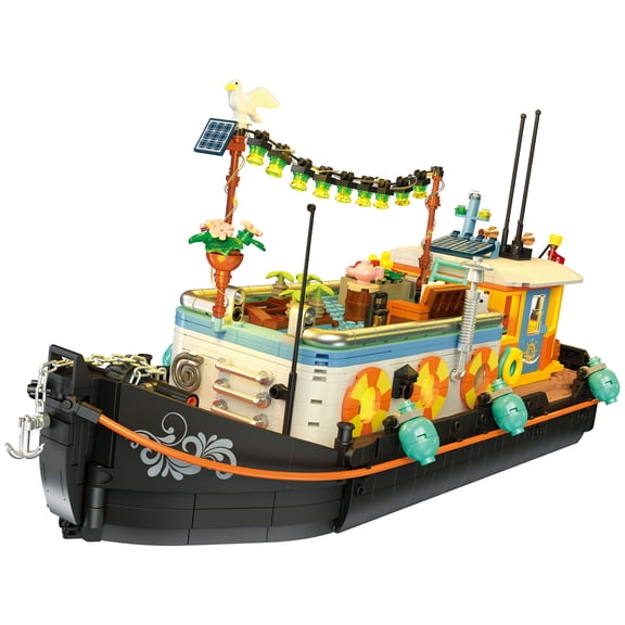 Canal Houseboat Building Set with LED Lights, 1306PCS Floating Boat Building Blocks Model Kit for Adults, Cozy River Boat Home Decor Display, Creative Collectible Gift