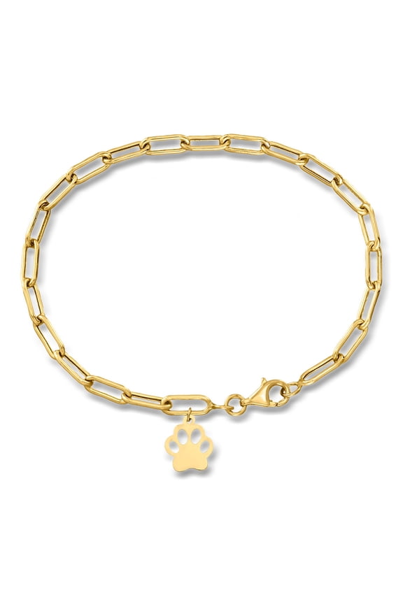 Ross-Simons 10kt Yellow Gold Paw Print Charm Paper Clip Link Bracelet, Women's, Adult