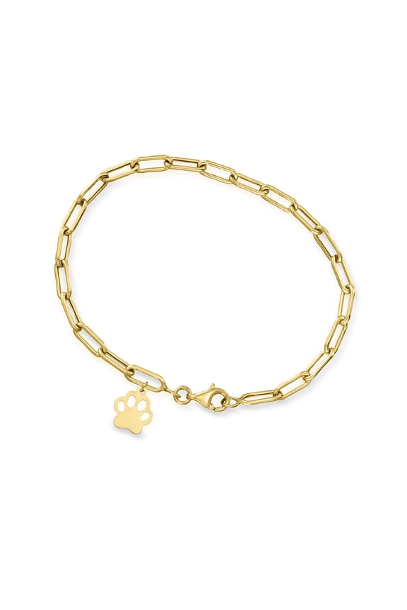 Ross-Simons 10kt Yellow Gold Paw Print Charm Paper Clip Link Bracelet, Women's, Adult