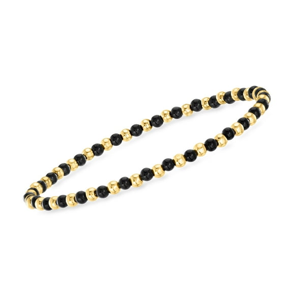 Ross-Simons 3mm Onyx and 10kt Yellow Gold Bead Stretch Bracelet, Women's, Adult