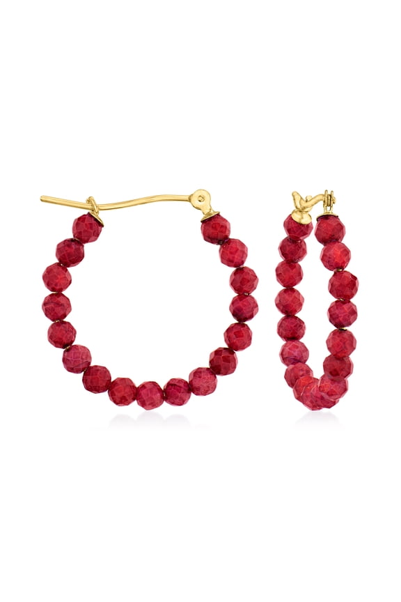 Ross-Simons 6.25 ct. t.w. Ruby Bead Hoop Earrings in 10kt Yellow Gold, Women's, Adult