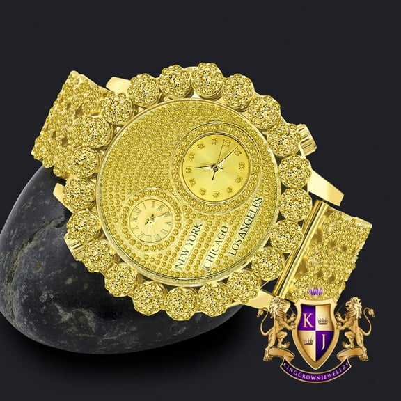 Canary 2 Time Zone Chronograph Real Genuine Diamond Dial Men's Gold Finish Flower Bezel Band Custom Watch Analog 45mm W/Date