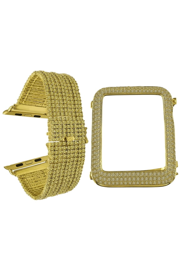 Canary Gold Tone Apple Watch Series # 4 Custom Bezel Insert Cover Case Iced Out 9 Row Simulated Diamonds Bracelet Band