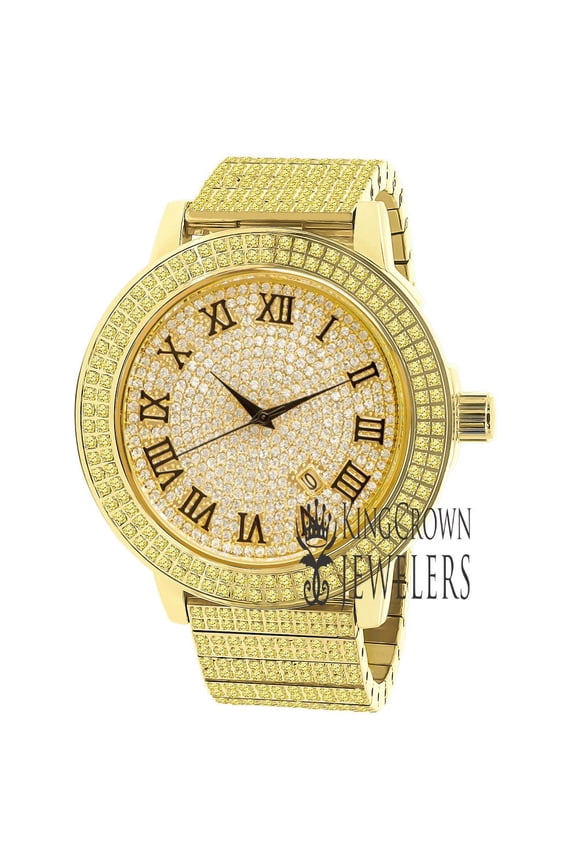 Canary Roman Numeral Dial Full Stainless Steel 18K Gold Finish Simulated Diamond Mens Watch W/Date