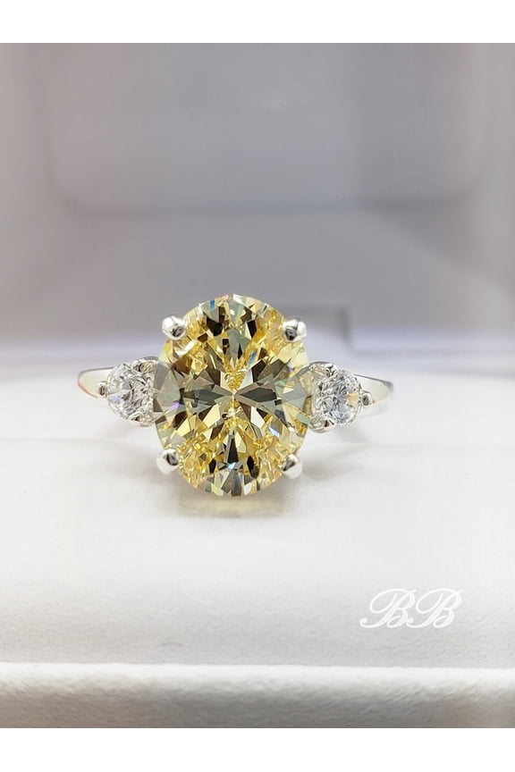 Canary Yellow Oval Cut Three Stone Engagement Ring, 6A Quality Cubic Zirconia, Sterling Silver