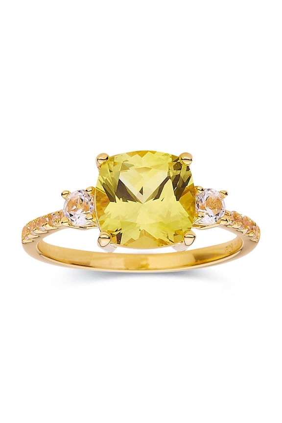 Canary Yellow Sapphire Cushion Cut Three Stone Statement Ring For Women- Created Yellow Sapphire Gemstone 18K Gold Plated Sterling Silver Ring Jewelry Gift for Her