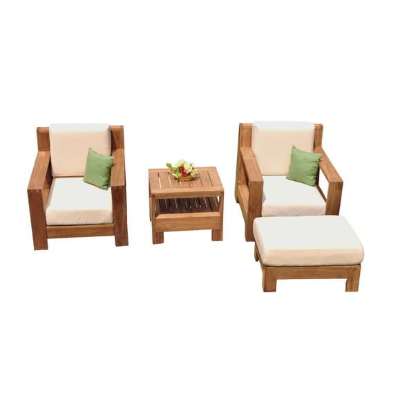 Canberra 4 Pc Lounge Chair Set: 2 Lounge Chairs, Ottoman & Side Table With Cushions in Sunbrela Fabric #57003 Canvas White