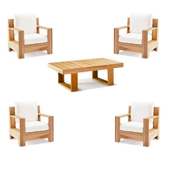 Canberra 5 Pc Lounge Chair Set: 4 Lounge Chairs & Coffee Table With Cushions in Sunbrela Fabric #57003 Canvas White