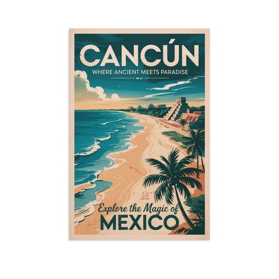 Cancún Retro Travel Poster Vintage Mexican Tourism with Beaches & Mayan Ruins Print Poster