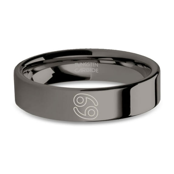 Cancer 69 Crab Zodiac Sign Polished Gunmetal Tungsten Ring, 6mm, Size 12