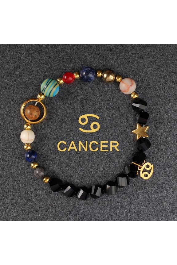 Cancer 8 Planets Solar System Zodiac Beaded Bracelet, Faceted Black Glass Galaxy Birthday Gift for Women & Men