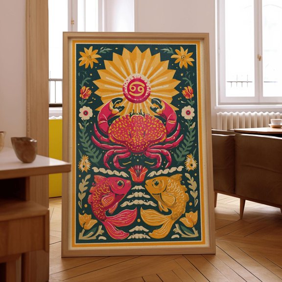 Cancer And Pisces Zodiac Print Water Astrology Retro Folk Decor, Unframed Paper Print