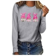 Cancer Awareness Jumper Tops Plus Size Tops Trendy Western Tops for Ladies Round Neck Pullover Loose Tunic Womens Fall Fashion Long Sleeve T Shirts Pink Ribbon Angel Wing Sweatshirts Gray S