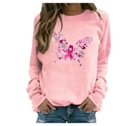 Cancer Awareness Jumper Tops Trendy Western Tops for Ladies Round Neck Pullover Womens Fall Fashion Plus Size Tops Long Sleeve T Shirts Pink Ribbon Angel Wing Sweatshirts Loose Tunic Pink L