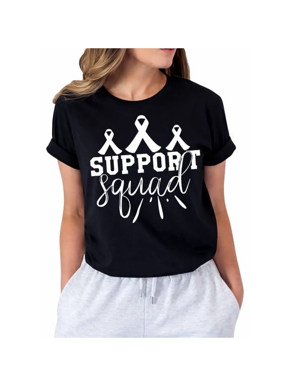 Cancer Awareness Support Squad Ribbon T-Shirt for Women, Strength Hope Support Short Sleeve Graphic Shirt