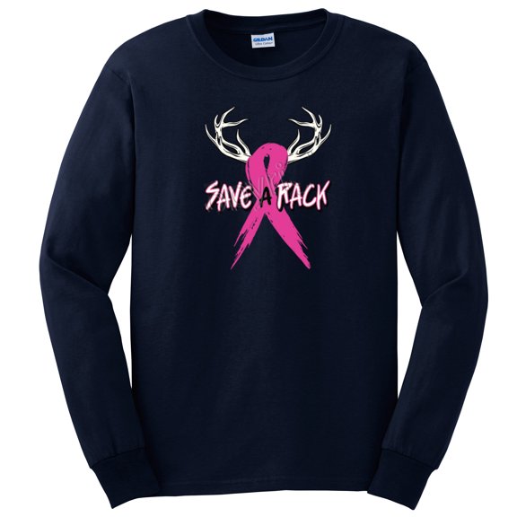 Cancer Awareness T-Shirt Save A Rack Antlers Ribbon Long Sleeve-Navy-X