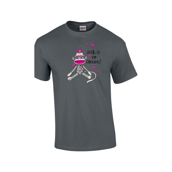 Cancer Awareness T-shirt Sock It to Cancer Monkey Cute Fund Raising Support Breast Raise Unisex Tee Shirt -Charcoal-XL