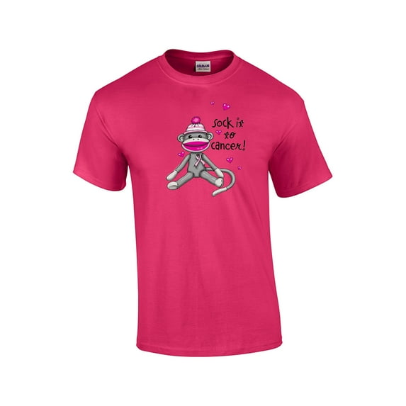 Cancer Awareness T-shirt Sock It to Cancer Monkey Cute Fund Raising Support Breast Raise Unisex Tee Shirt -Fuschia-Small