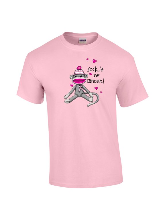 Cancer Awareness T-shirt Sock It to Cancer Monkey Cute Fund Raising Support Breast Raise Unisex Tee Shirt -Lightpink-XL