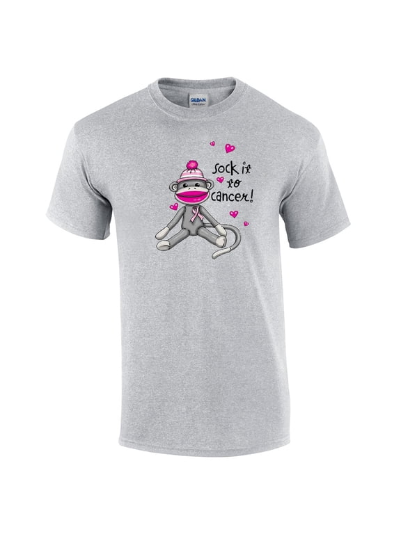 Cancer Awareness T-shirt Sock It to Cancer Monkey Cute Fund Raising Support Breast Raise Unisex Tee Shirt -Sportsgray-Large