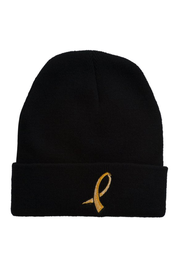 Cancer Color Ribbon Embroidered Long Beanie - Gold OSFM
