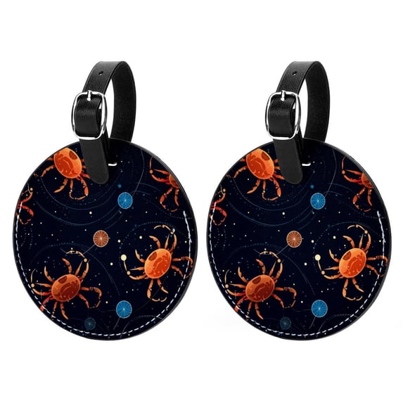 Cancer Constellation 2pcs PU Leather Round Bag Tags with Privacy Cover and Name ID Tag - Suitcase Tags for Travel Luggage, Handbags, Backpacks, School Bags