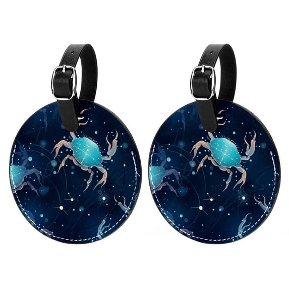 Cancer Constellation 2pcs PU Leather Round Bag Tags with Privacy Cover and Name ID Tag - Suitcase Tags for Travel Luggage, Handbags, Backpacks, School Bags