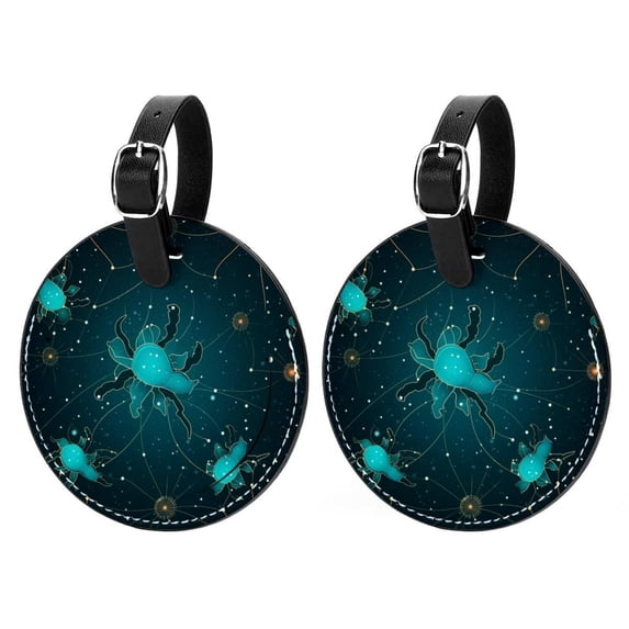 Cancer Constellation Set of 2pcs PU Leather Round Suitcase Tags with Privacy Cover and Name ID Tag - Ideal for Travel Luggage, Handbags, Backpacks, School Bags