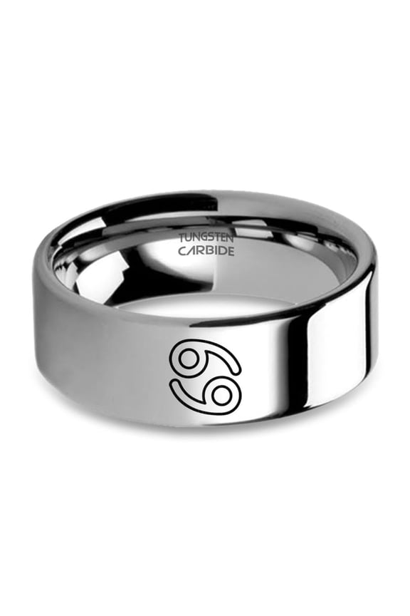 Cancer Crab Astrology Sign Engraved Silver Tungsten Carbide Ring, 8mm, Size 5