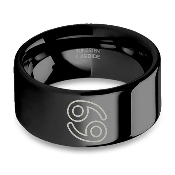 Cancer Crab Zodiac Symbol Engraved Black Tungsten Wedding Band, 10mm, Size 5