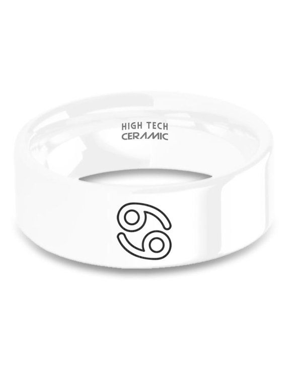 Cancer Horoscope Symbol Laser Engraved White Ceramic Ring, 8mm, Size 9