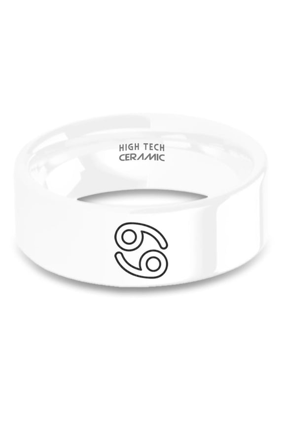 Cancer Horoscope Symbol Laser Engraved White Ceramic Ring, 8mm, Size 9
