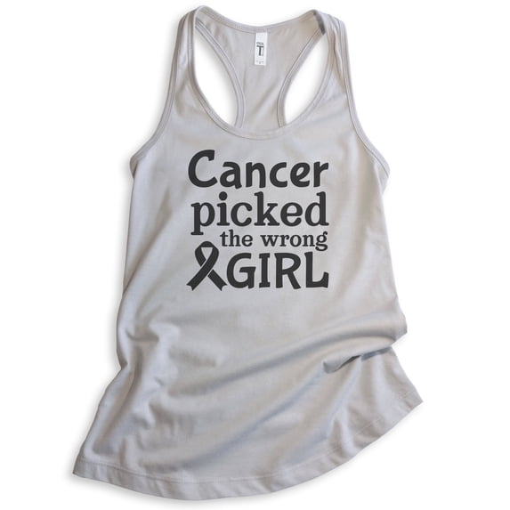 Cancer Picked The Wrong Girl Tank Top, Ladies Racerback, Cancer Support Cancer Awareness Fight Cancer Tank, Silver Gray, Large