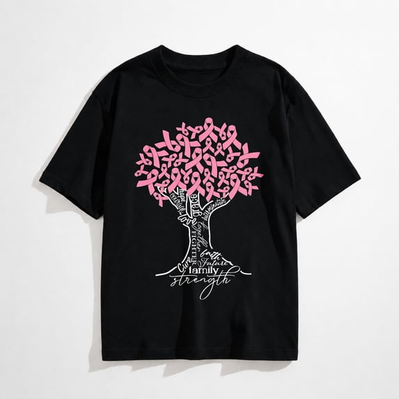 Cancer Shirt Women Breast Cancer Awareness Shirts Ribbon Tree T-Shirts Cancer Short Sleeve Tops Black