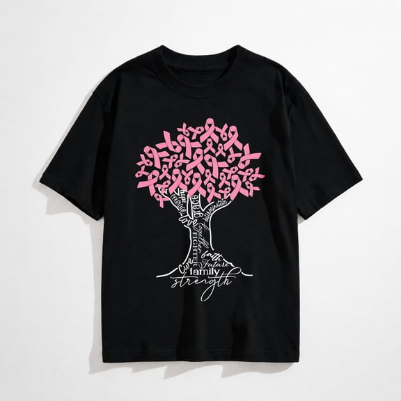 Cancer Shirt Women Breast Cancer Awareness Shirts Ribbon Tree T-Shirts Cancer Short Sleeve Tops Black