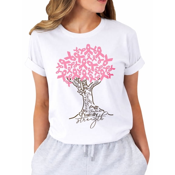 Cancer Shirt Women Breast Cancer Awareness Shirts Ribbon Tree T-Shirts Cancer Short Sleeve Tops