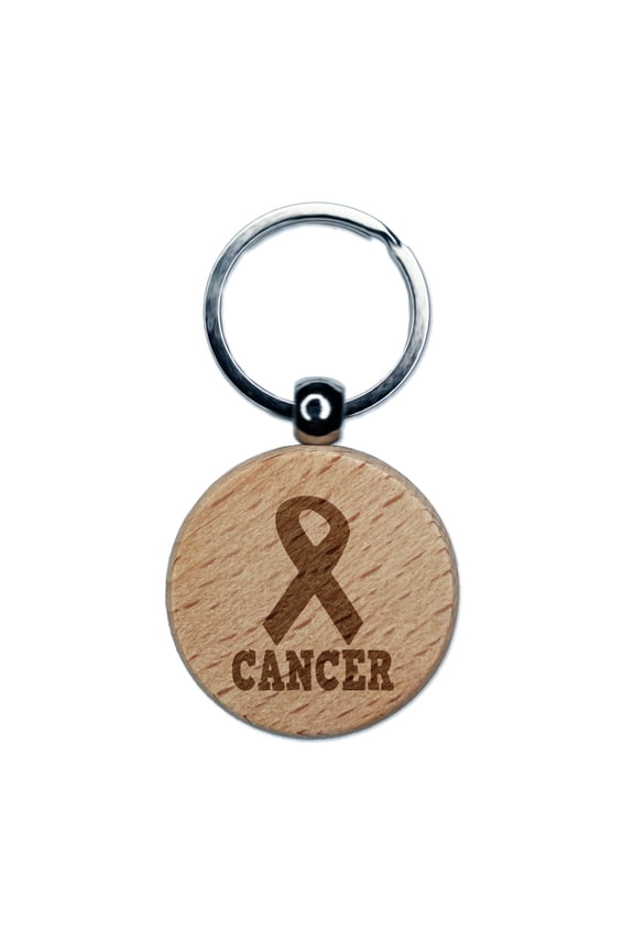 Cancer with Awareness Ribbon Round Keychain Charm Tag - Engraved Wood