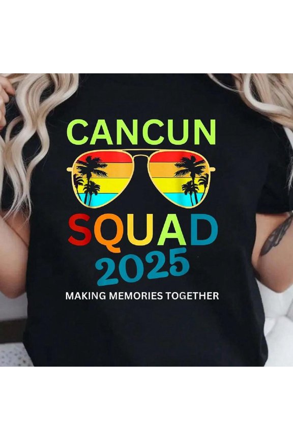 Cancun 2025 Tropical Beach Vacation Matching T-Shirt - Fashionable, Casual, Breathable And Comfortable Round-Neck Printed Short-Sleeved T-Shirt, 100% Cotton T-Shirt
