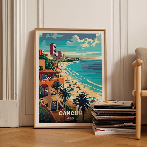 Cancun Cityscape Art Poster, Mexico Coastal Landscape, Travel-Inspired Wall Decor, Home Office Artwork Wall Art, Modern Wall Decor, 8x12 UNFRAMED