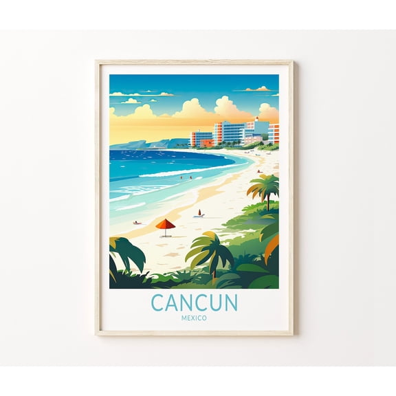 Cancun Mexico Coastal Travel City Skyline Wall Art, Unframed Paper Poster 8x10in