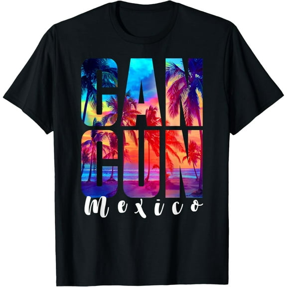 Cancun Mexico Palm Tree Sunset Beach Summer Vacation Trip T-Shirt Tops Tee