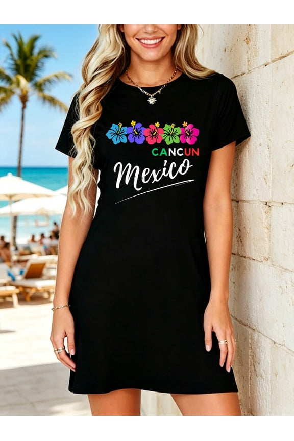 Cancun Mexico Tropical Beach Vacation Family Girls Trip Palm T-Shirt Dress Summer Vacation Dress Casual Resort Wear