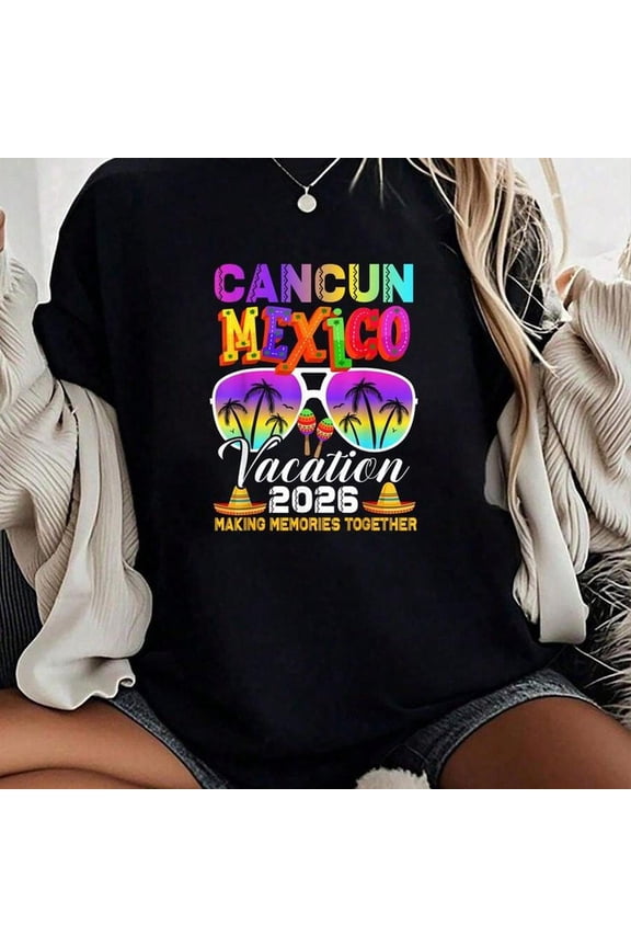 Cancun Mexico Vacation Beach 2026 Trip Group Squad Colorful T-Shirt - 100% Short-Sleeved Crew Neck Casual Top, Suitable For All Seasons, Women's Wear