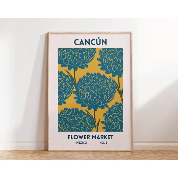 Cancun Print Mexican Flower Market Wall Art Cancun Gift Mexico Travel Poster Cancun Blue Floral Decor 1 Print Wall Art, Modern Wall Decor, 8x12 UNFRAMED