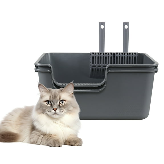 Cand 2-Pack Plastic High Side Litter Box with Scoop, Open Top Cat Litter Tray, Grey