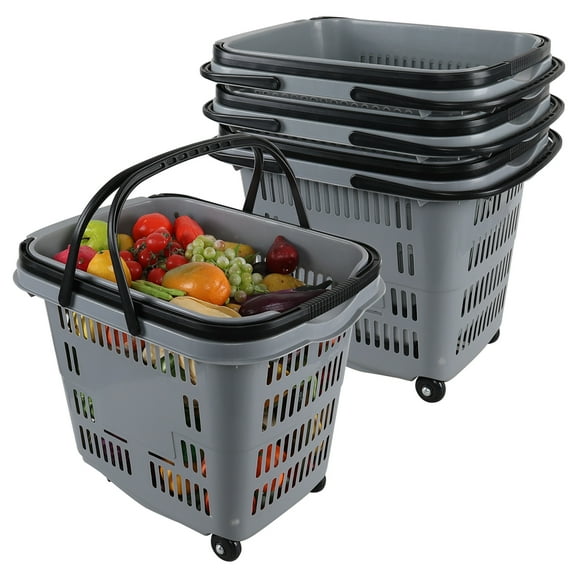 Cand 50 L Plastic Shopping Basket with Handles, 4 Pack Rolling Baskets for Groceries, Gray