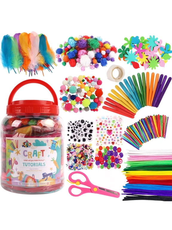 Crafts Supplies for Kids, 1000Pcs+ Pom Poms for Craft Kit Stuff Set with Pipe Cleaners for Kids Ages 4-8 Girls Boys Birathday Gifts