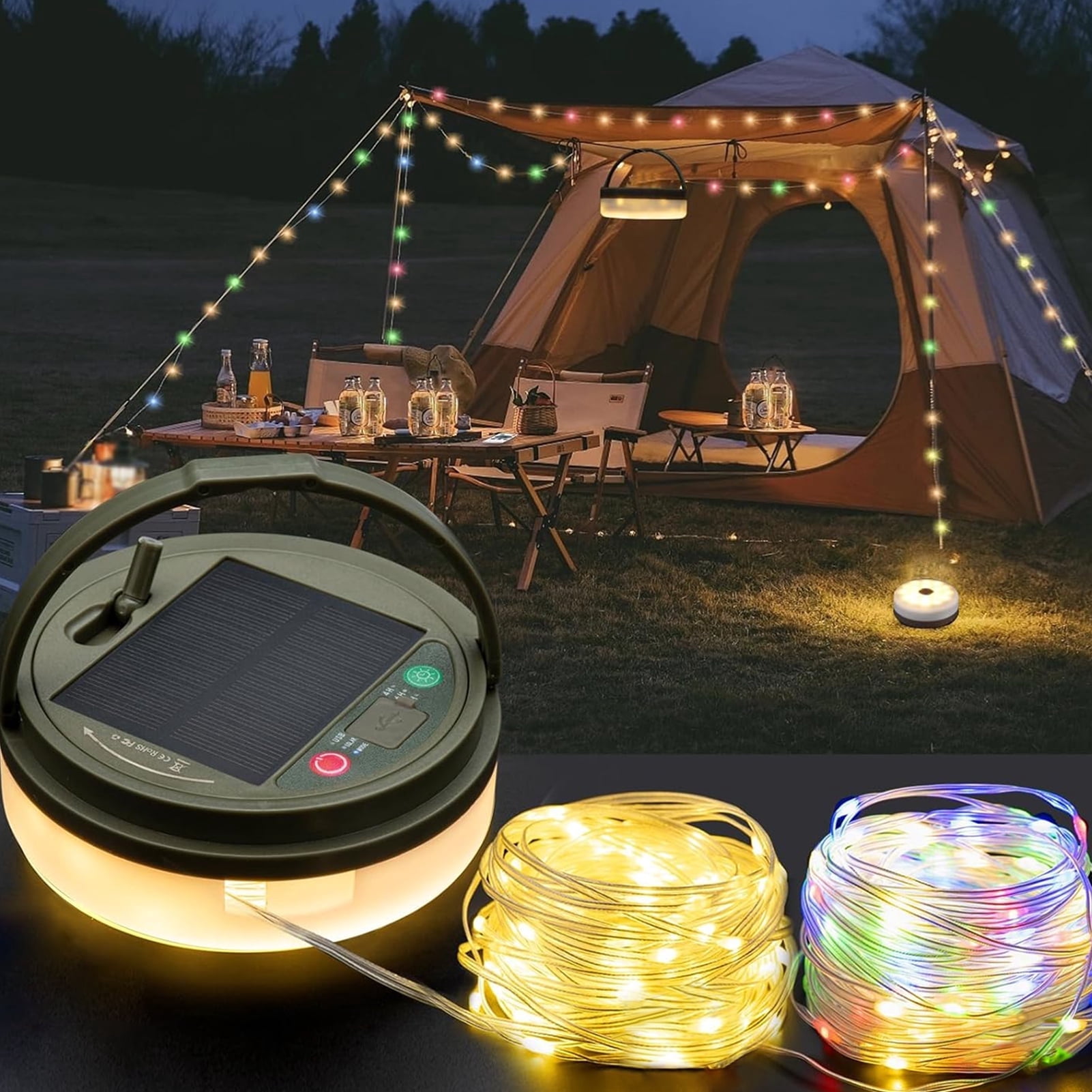 CandWuom Solar Camping String Lights, 4 in 1 Outdoor Tent Light with 9 Lighting Modes, Solar Powered and USB Rechargeable Tent Lantern, Portable Warm Lights for