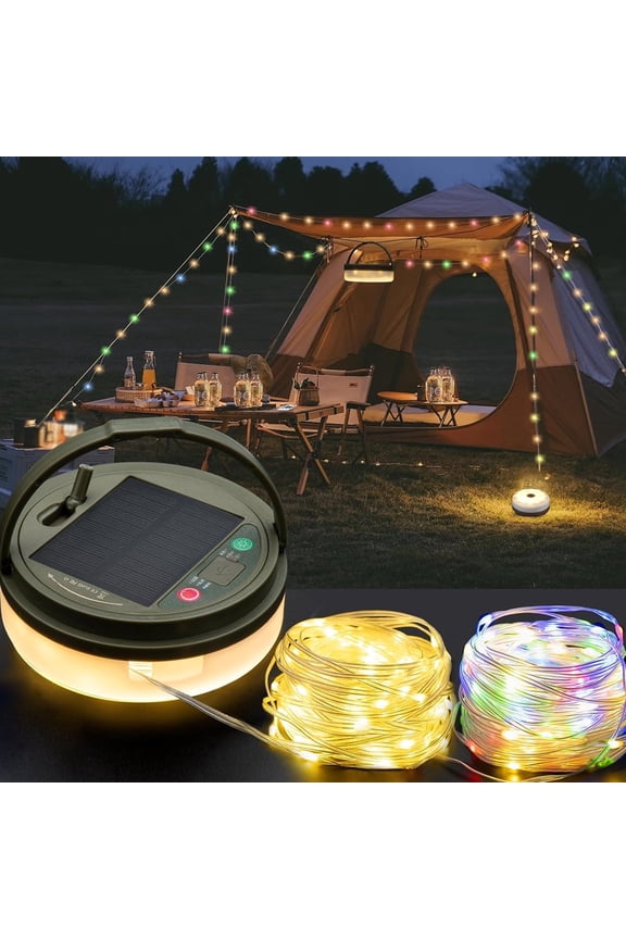 Solar Camping String Lights, 4 in 1 Outdoor Tent Light with 9 Lighting Modes, Solar Powered and USB Rechargeable Tent Lantern, Portable Warm Lights for Yard, Hiking & Decoration