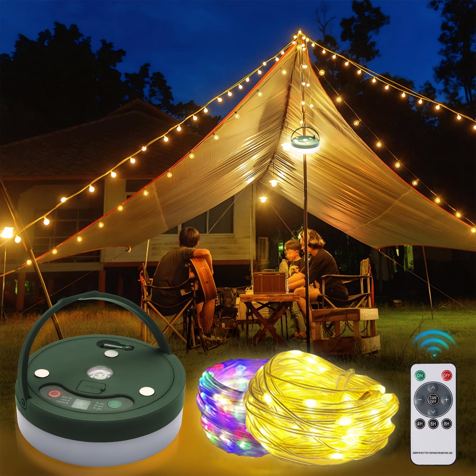 CandWuom Camping Lights, Outdoor Camping String Lights with 9 Lighting Modes, 32.8FT USB Rechargeable with Remote Control, IPX4 Waterproof Portable Warm Lights for Tent, Yard, Hiking \u0026 Decoration